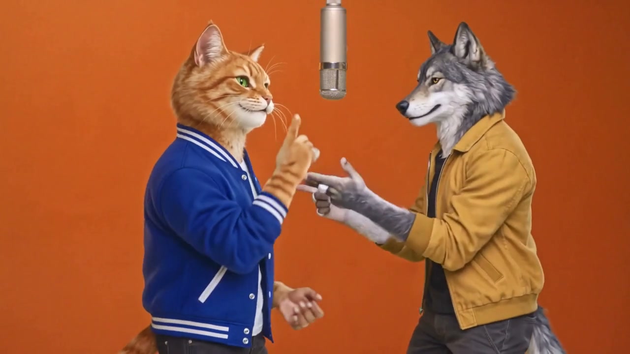 AI-generated cat and wolf duet, performance moment 2