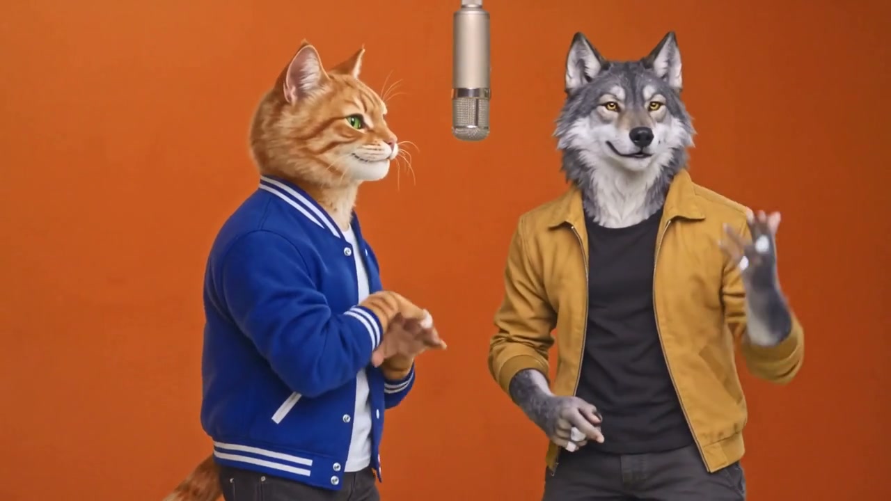 AI-generated cat and wolf duet, performance moment 3